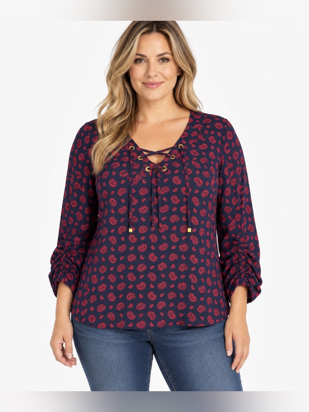 Michael Kors Women’s Large Navy Red Paisley Lace Up 3/4 Sleeve Top